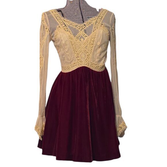 Free People V Is for Victorian Red Velvet and Cream Lace Long Sleeve Mini Dress - Picture 1 of 12